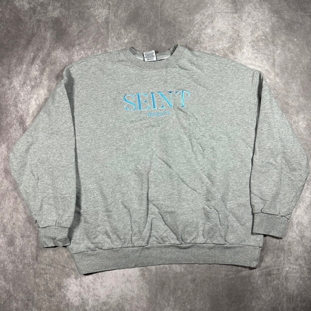 Seint Beauty Women XL Gray Blue Embroidered Over the Rainbow Crewneck Sweatshirt